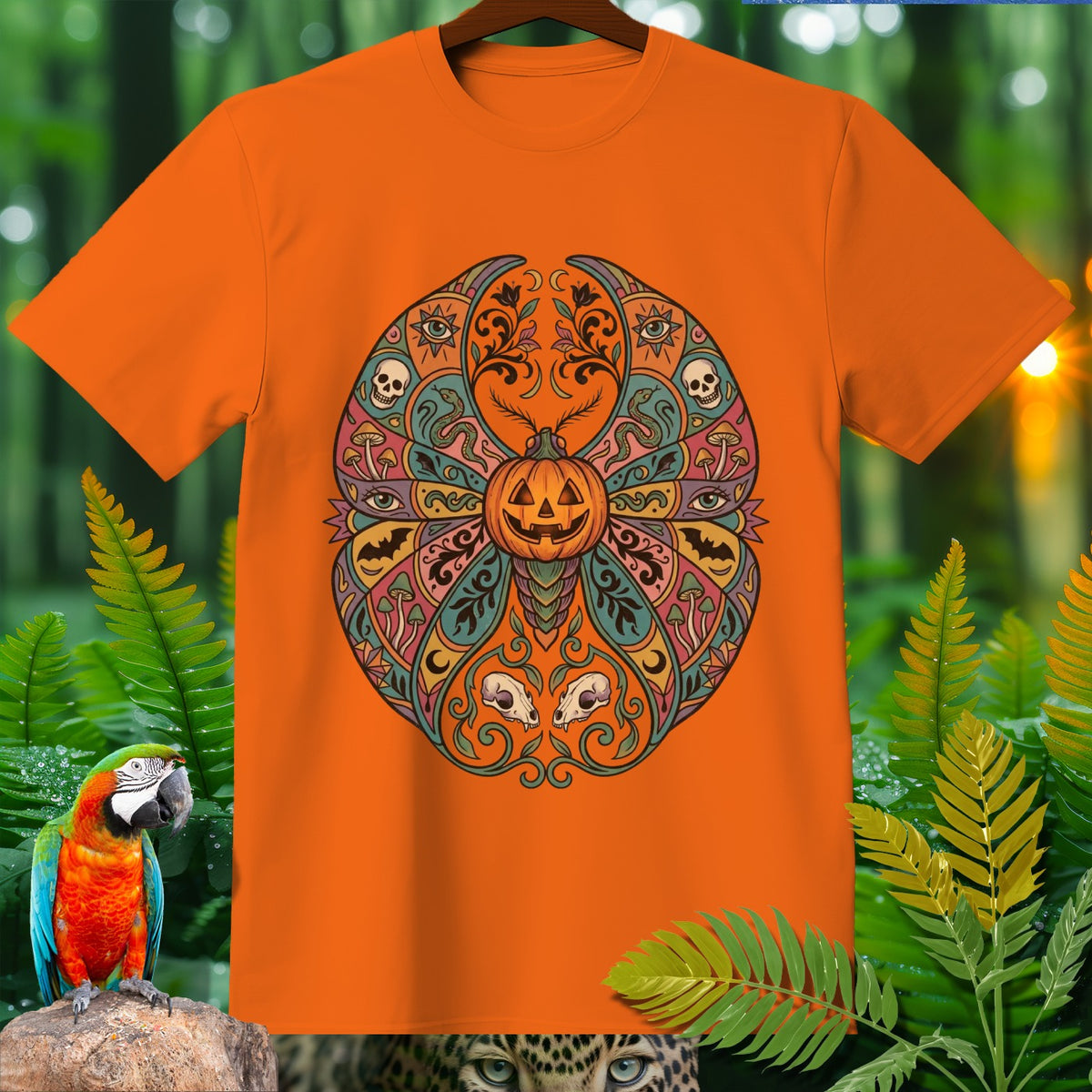 Orange t-shirt with a circular Halloween mandala featuring a jack-o'-lantern.