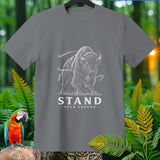 Gray t-shirt with a white outline of a buffalo and text 
