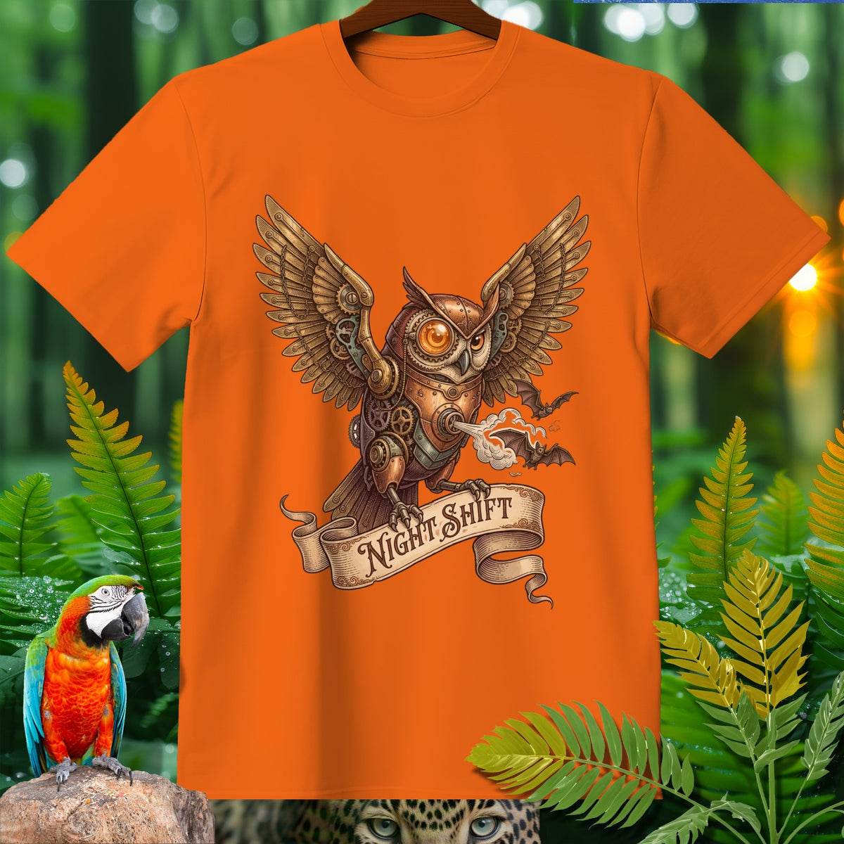 Orange t-shirt with a steampunk owl graphic and "Night Shift" text.