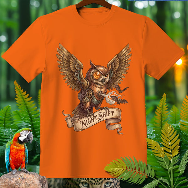 Orange t-shirt with a steampunk owl graphic and "Night Shift" text.