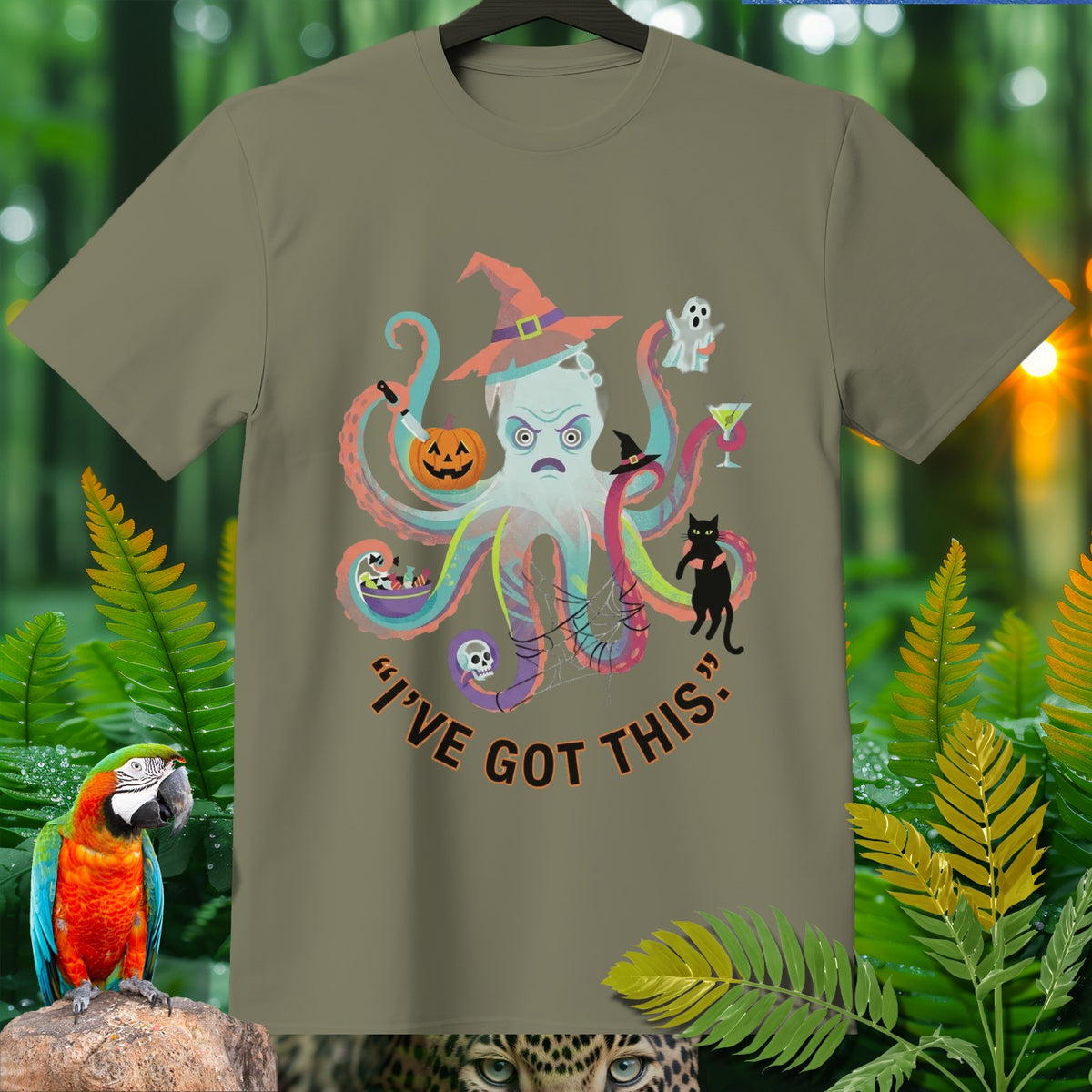 Green t-shirt with Halloween octopus graphic and text "I'VE GOT THIS."