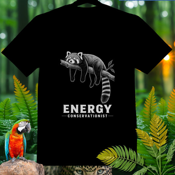 Black t-shirt with drawing of a sleeping red panda on a branch and "ENERGY CONSERVATIONIST" text.