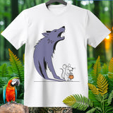 White t-shirt graphic featuring a purple wolf and a mouse holding a pumpkin.