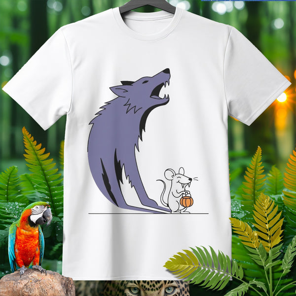 White t-shirt graphic featuring a purple wolf and a mouse holding a pumpkin.