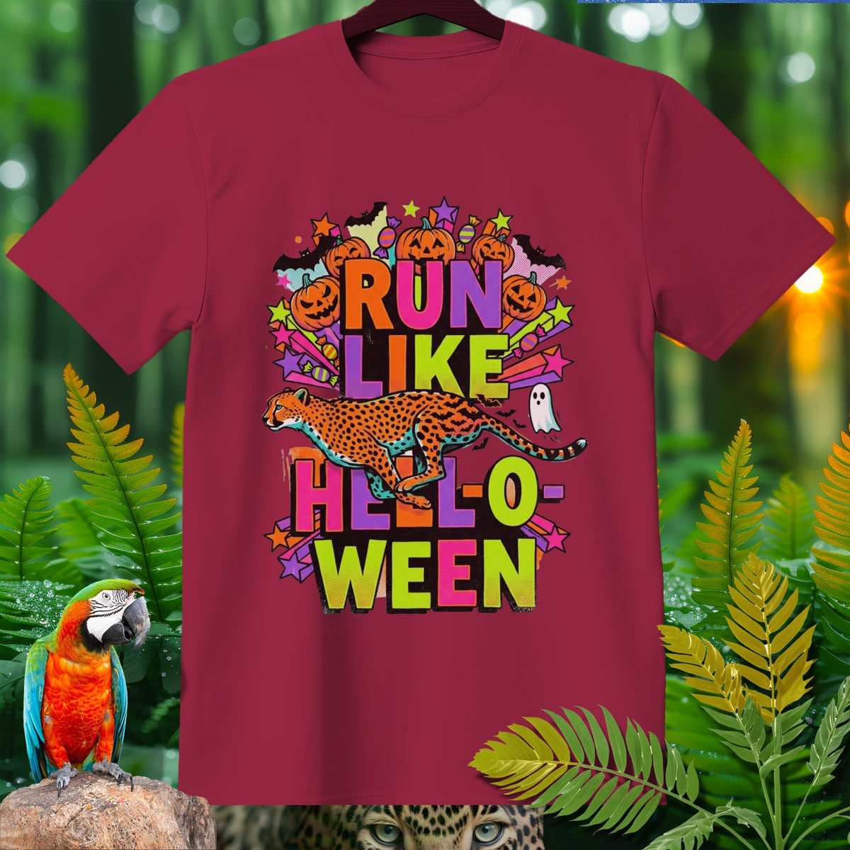 Burgundy t-shirt with "Run Like Halloween" text and cheetah graphic.