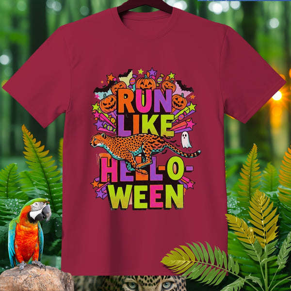 Burgundy t-shirt with "Run Like Halloween" text and cheetah graphic.