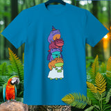 Blue t-shirt with stack of five cartoon frogs in Halloween costumes.