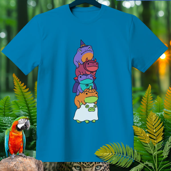 Blue t-shirt with stack of five cartoon frogs in Halloween costumes.