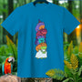Blue t-shirt with stack of five cartoon frogs in Halloween costumes.
