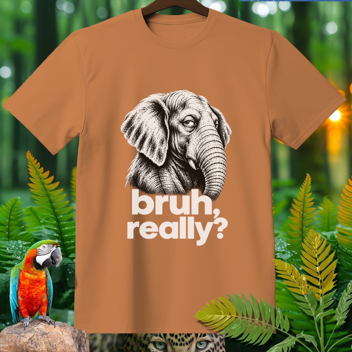 Brown t-shirt with a sketch of an elephant and the text "bruh, really?".
