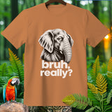 Brown t-shirt with a sketch of an elephant and the text 