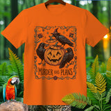 Orange Halloween t-shirt with crows, pumpkin, and the text 