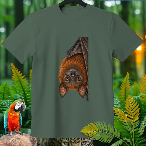 Green t-shirt with an illustration of an upside-down bat and a macaw.