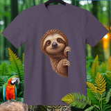 Purple t-shirt with a cute sloth peeking from the side, surrounded by jungle foliage and a macaw.