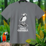 Grey t-shirt with puffin graphic and text 
