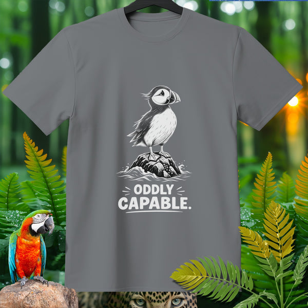 Grey t-shirt with puffin graphic and text "ODDLY CAPABLE."