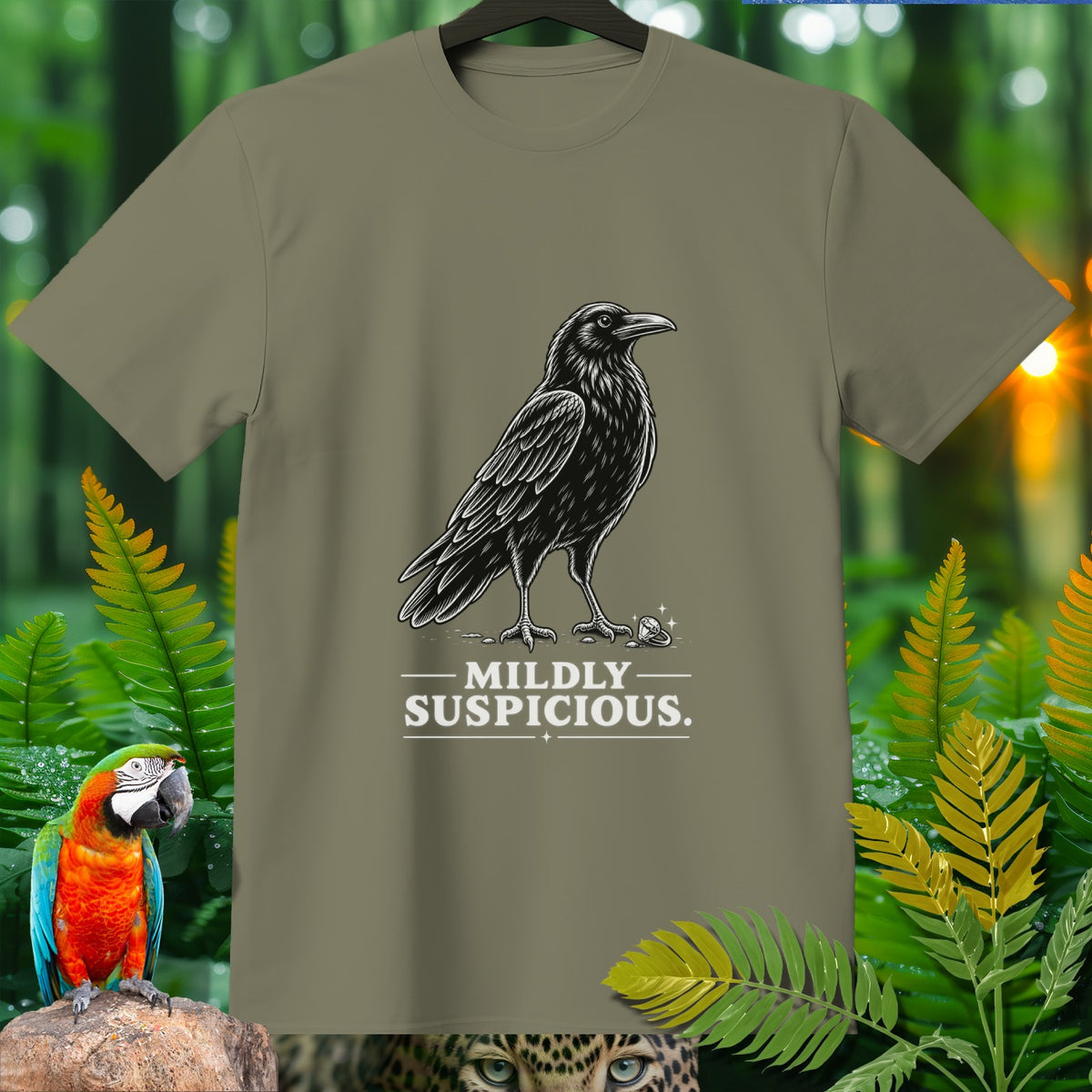T-shirt with a black crow graphic and the text "MILDLY SUSPICIOUS."