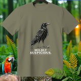 T-shirt with a black crow graphic and the text 