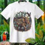 Steampunk elephant with ghosts and a raven, reads 