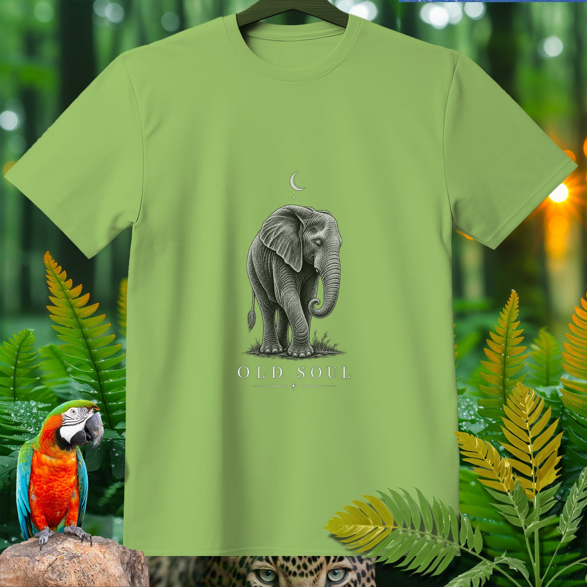 Light green t-shirt with a graphic of an elephant and "OLD SOUL" text.