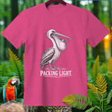 Pink t-shirt with a graphic of a pelican carrying fish and the text 