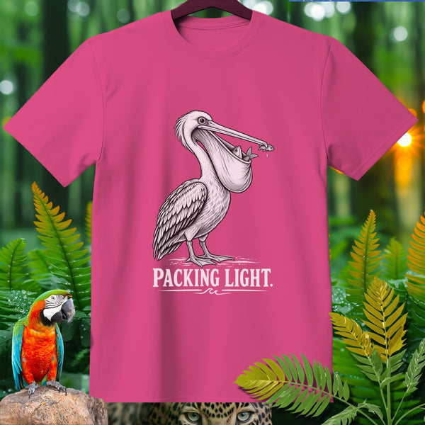 Pink t-shirt with a graphic of a pelican carrying fish and the text "PACKING LIGHT."