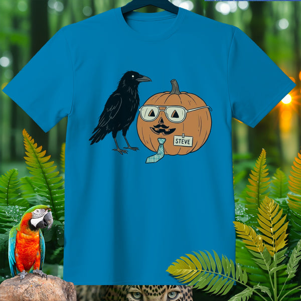 Blue t-shirt with a crow and a smiling pumpkin named Steve wearing glasses and tie.