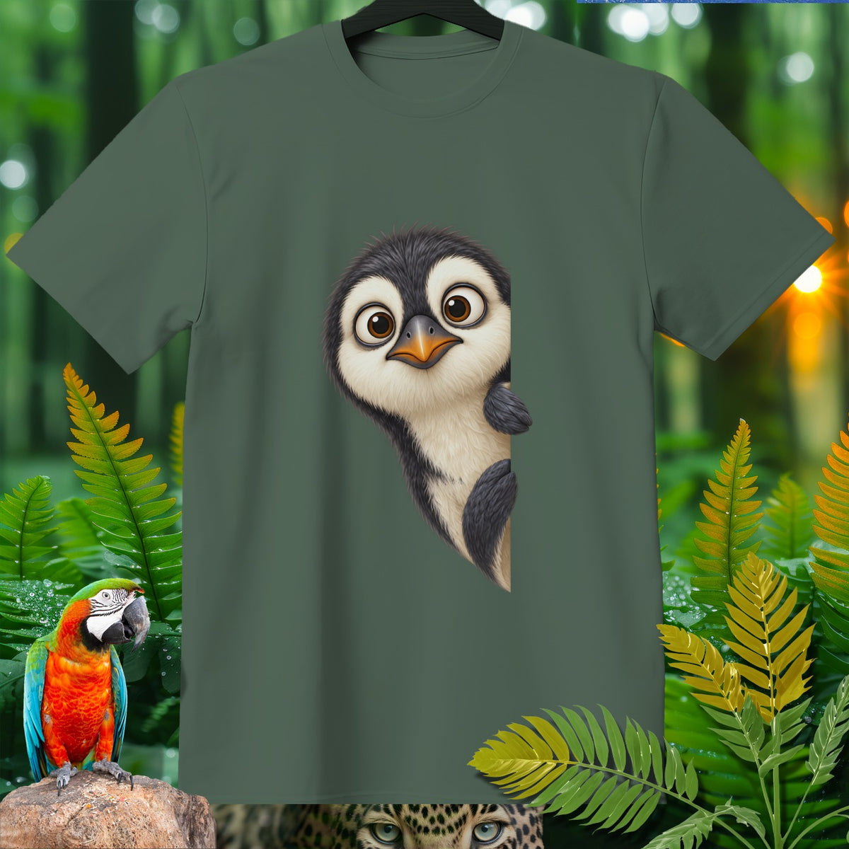Green t-shirt with a curious cartoon penguin design and jungle foliage.