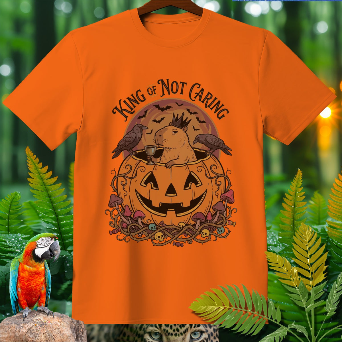 Orange t-shirt with a capybara wearing a crown in a pumpkin, text reads "King of Not Caring".
