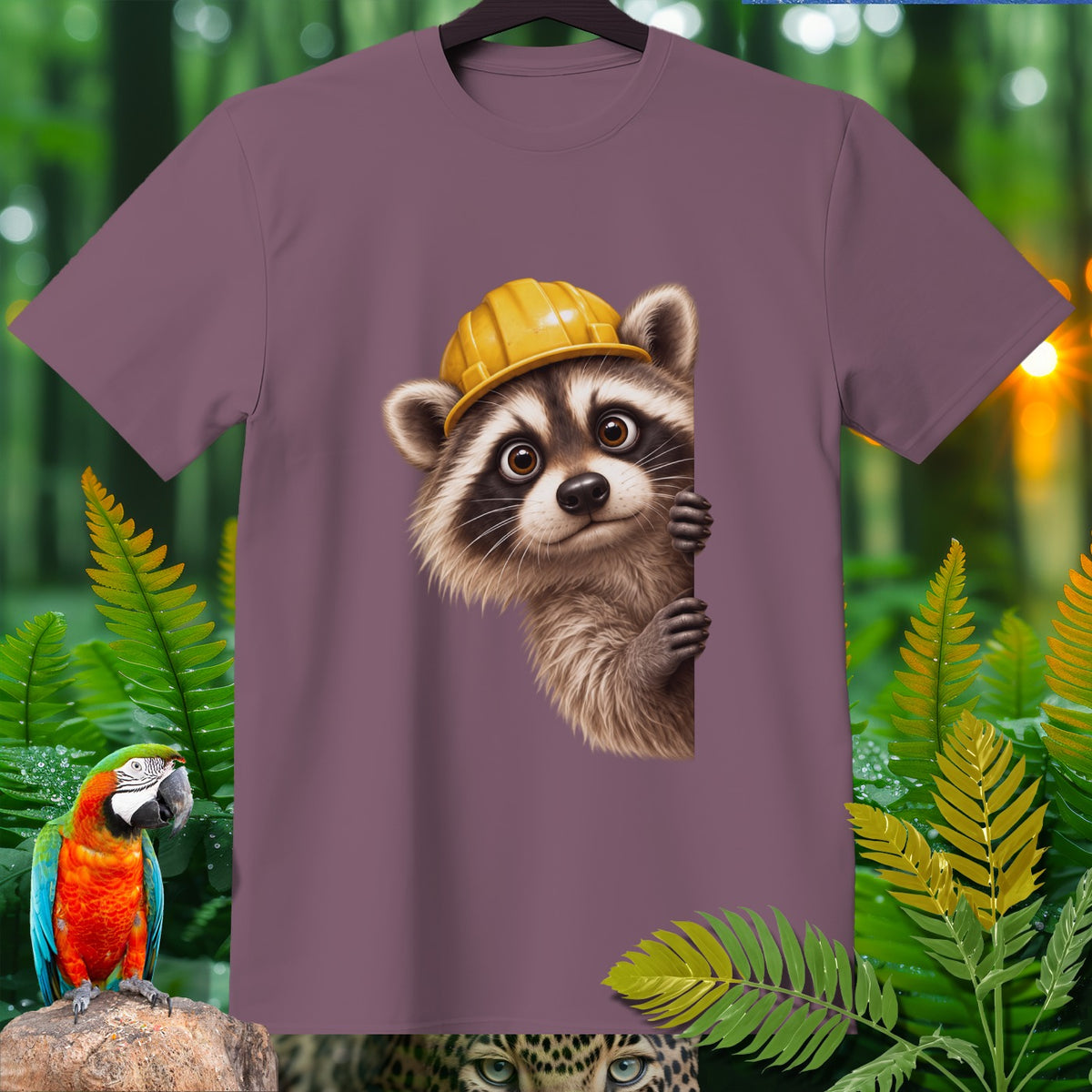 T-shirt with a cartoon raccoon wearing a yellow hard hat peeking from the side.
