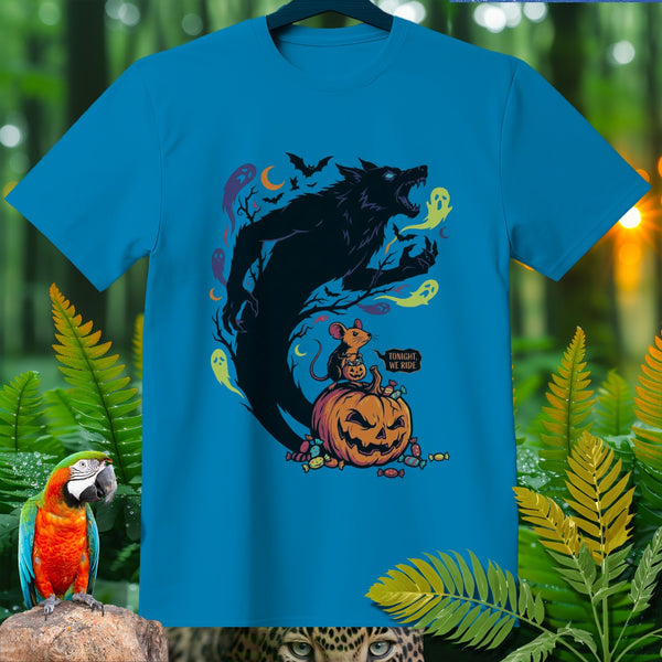 Blue t-shirt with werewolf, mouse, pumpkin, and "Tonight We Ride" text.