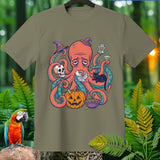 Sad octopus with Halloween icons including pumpkin, skull, and black cat.