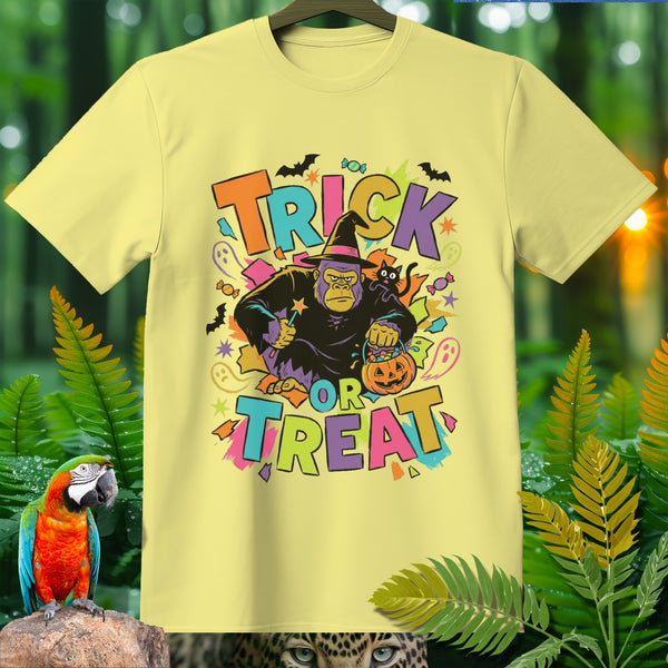 Yellow t-shirt with a cartoon gorilla in a witch hat and "Trick or Treat" text.