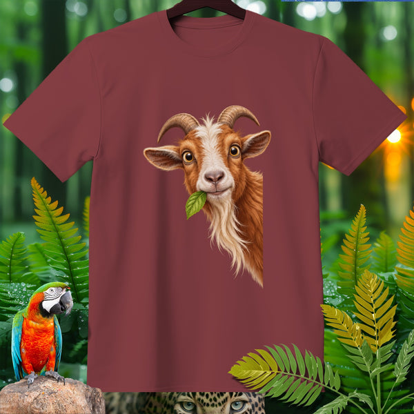 Maroon t-shirt with a brown and white goat head eating a green leaf.