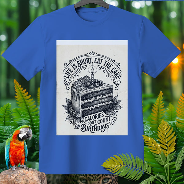 Blue t-shirt with a graphic of cake, candle, berries, and text reading "LIFE IS SHORT, EAT THE CAKE. CALORIES DON'T COUNT ON BIRTHDAYS."
