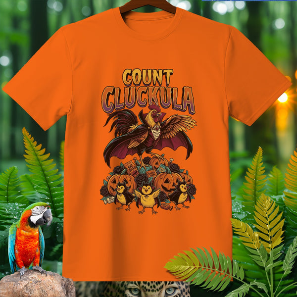 Orange t-shirt with "Count Cluckula" text and a rooster dressed as a vampire.