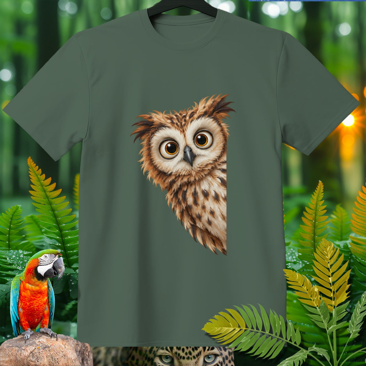 Green t-shirt with a digitally illustrated owl peeking from the side.