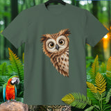 Green t-shirt with a digitally illustrated owl peeking from the side.