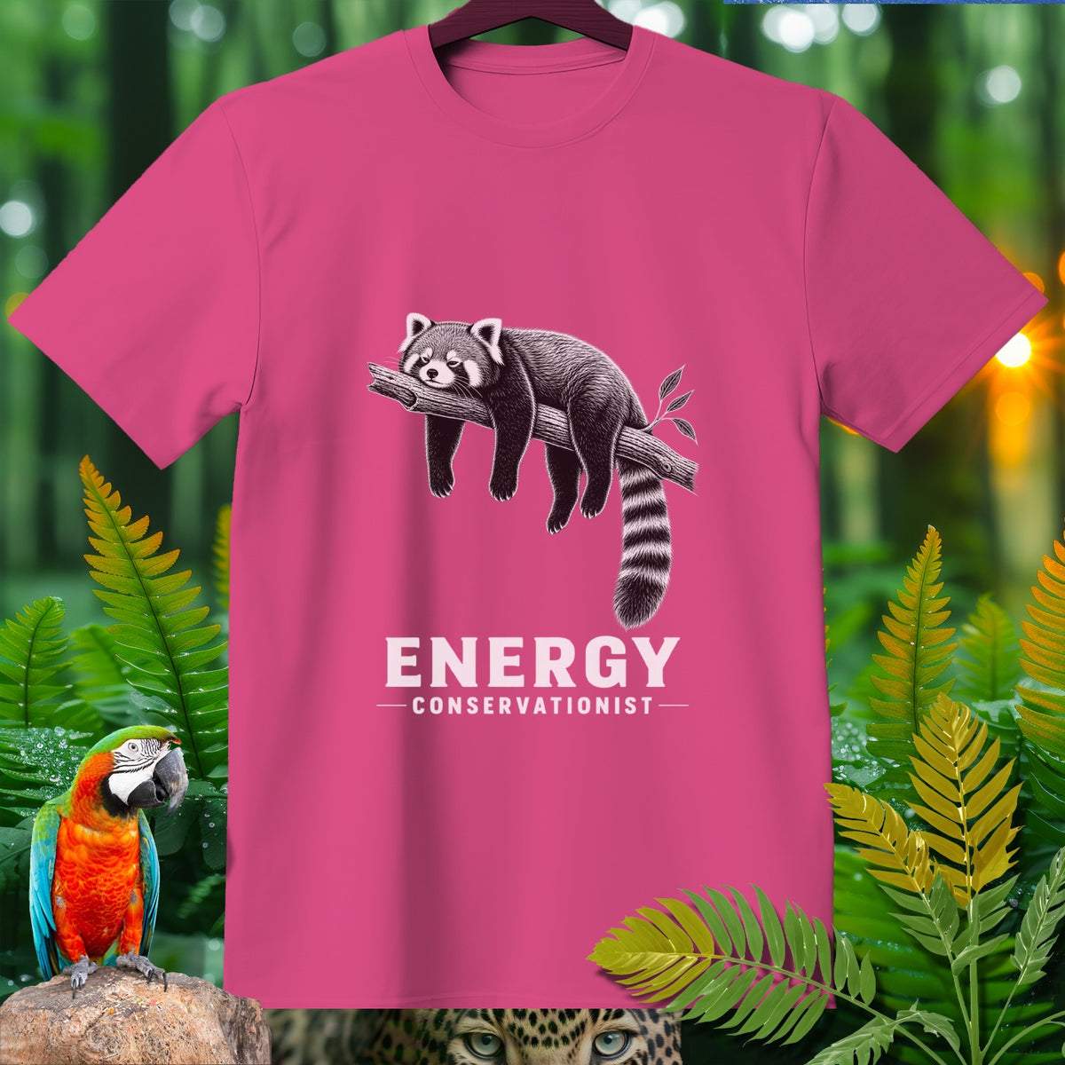 Pink t-shirt with a red panda graphic and "Energy Conservationist" text.