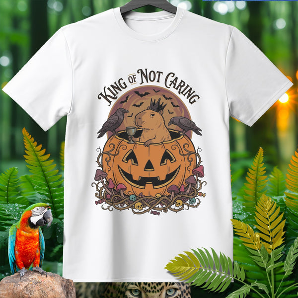 White t-shirt with "King of Not Caring" text and a capybara inside a pumpkin.