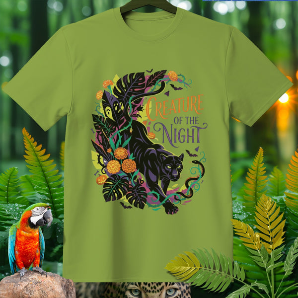 Black panther in jungle foliage with "Creature of the Night" text.