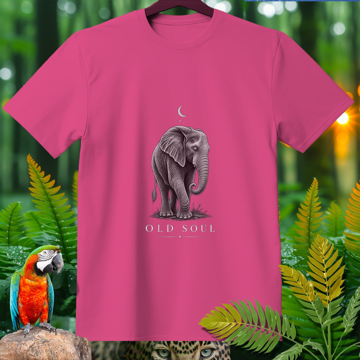 Pink t-shirt with an elephant illustration and text "OLD SOUL".
