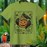 Light green t-shirt with crows, jack-o'-lantern, and text 