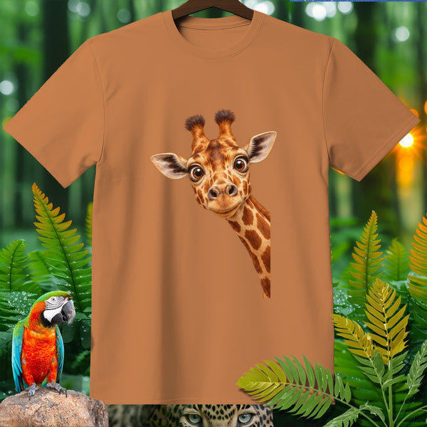 Brown t-shirt with a curious giraffe face graphic and jungle foliage.