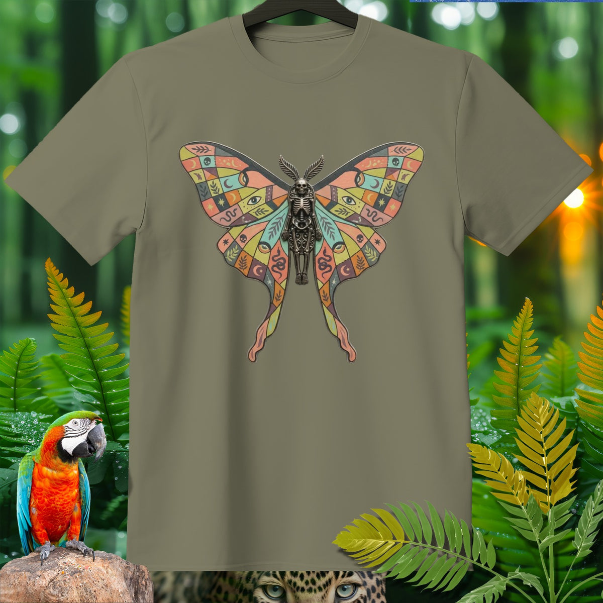 T-shirt with skeleton moth graphic and colorful, patterned wings.