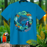 Teal t-shirt with shark, ghost, and pumpkins, says 