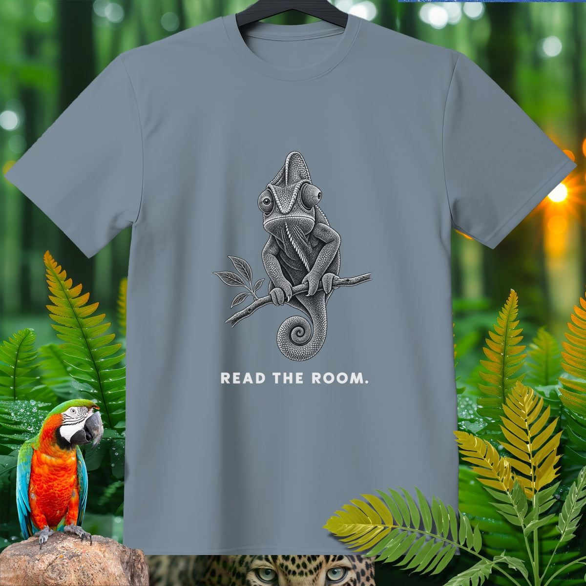 Gray t-shirt with a black and white chameleon and text reading "READ THE ROOM."