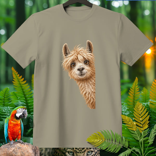 Light tan t-shirt with a friendly alpaca graphic peeking from the left.
