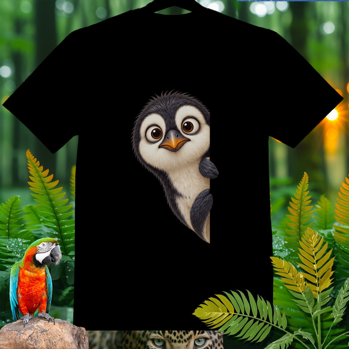 Black t-shirt featuring a cartoon penguin peeking from the side.
