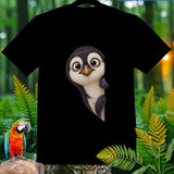 Black t-shirt featuring a cartoon penguin peeking from the side.